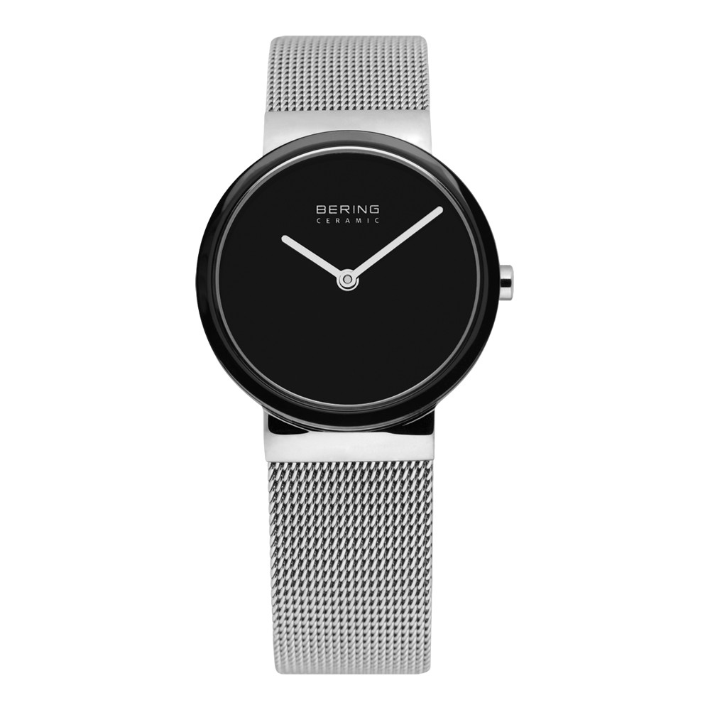 bering watch with black face and mesh band